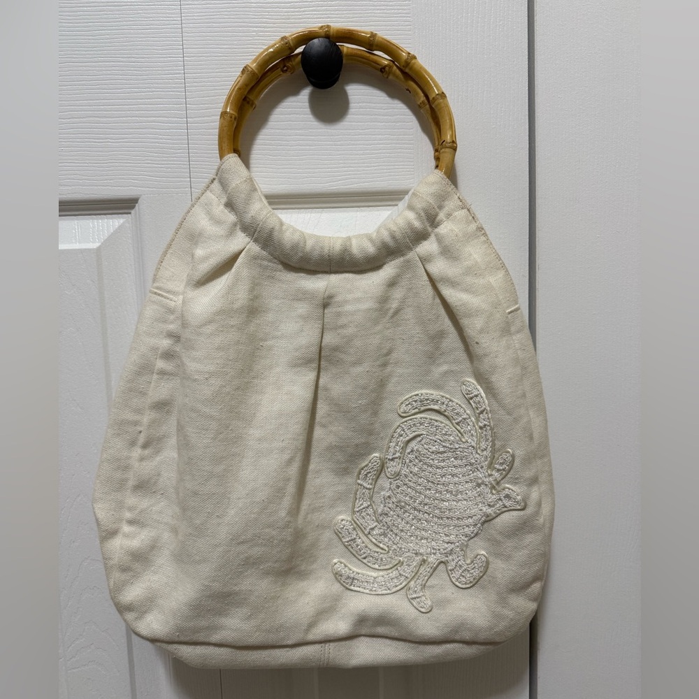 J. CREW Ivory Linen Crab Bamboo Handle Handbag Purse